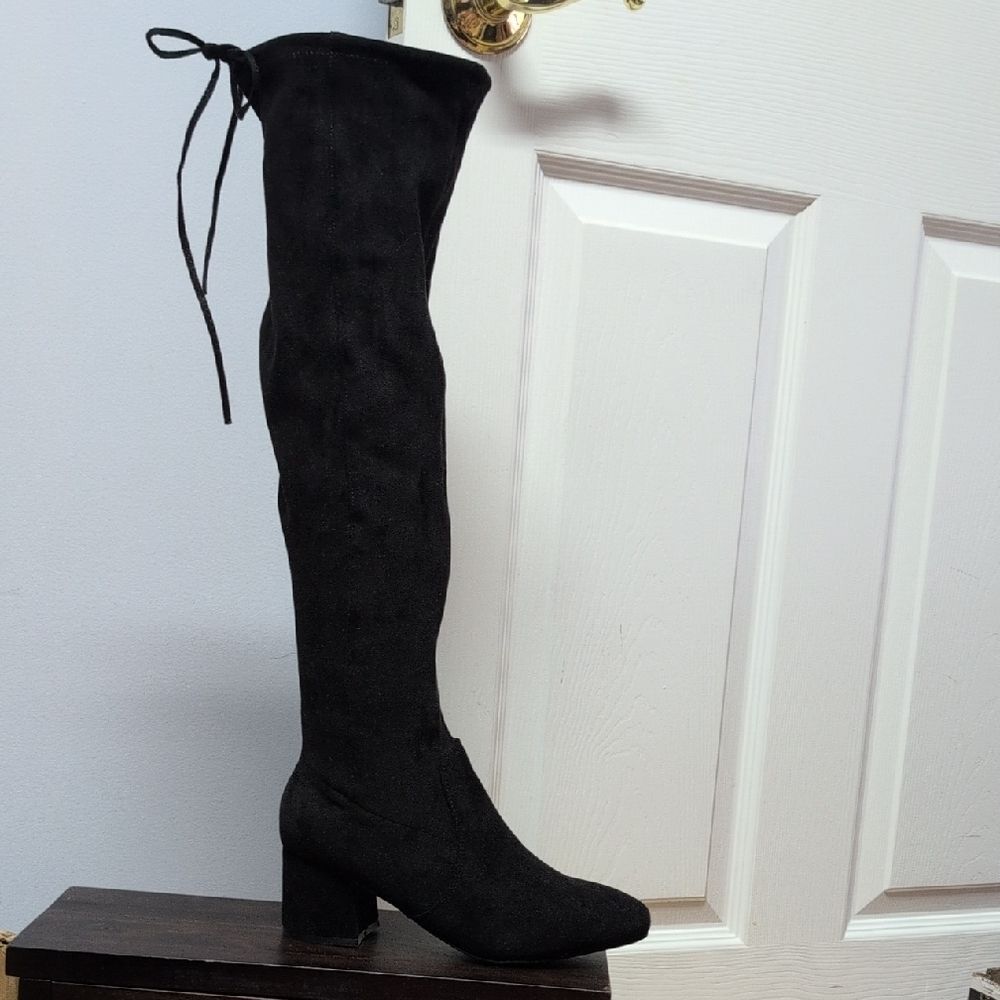 Sugar Ollie Black Over-the-Knee FabricSuede Pull Tie Top Lower Zipper Boots Sz8M - Picture 2 of 7